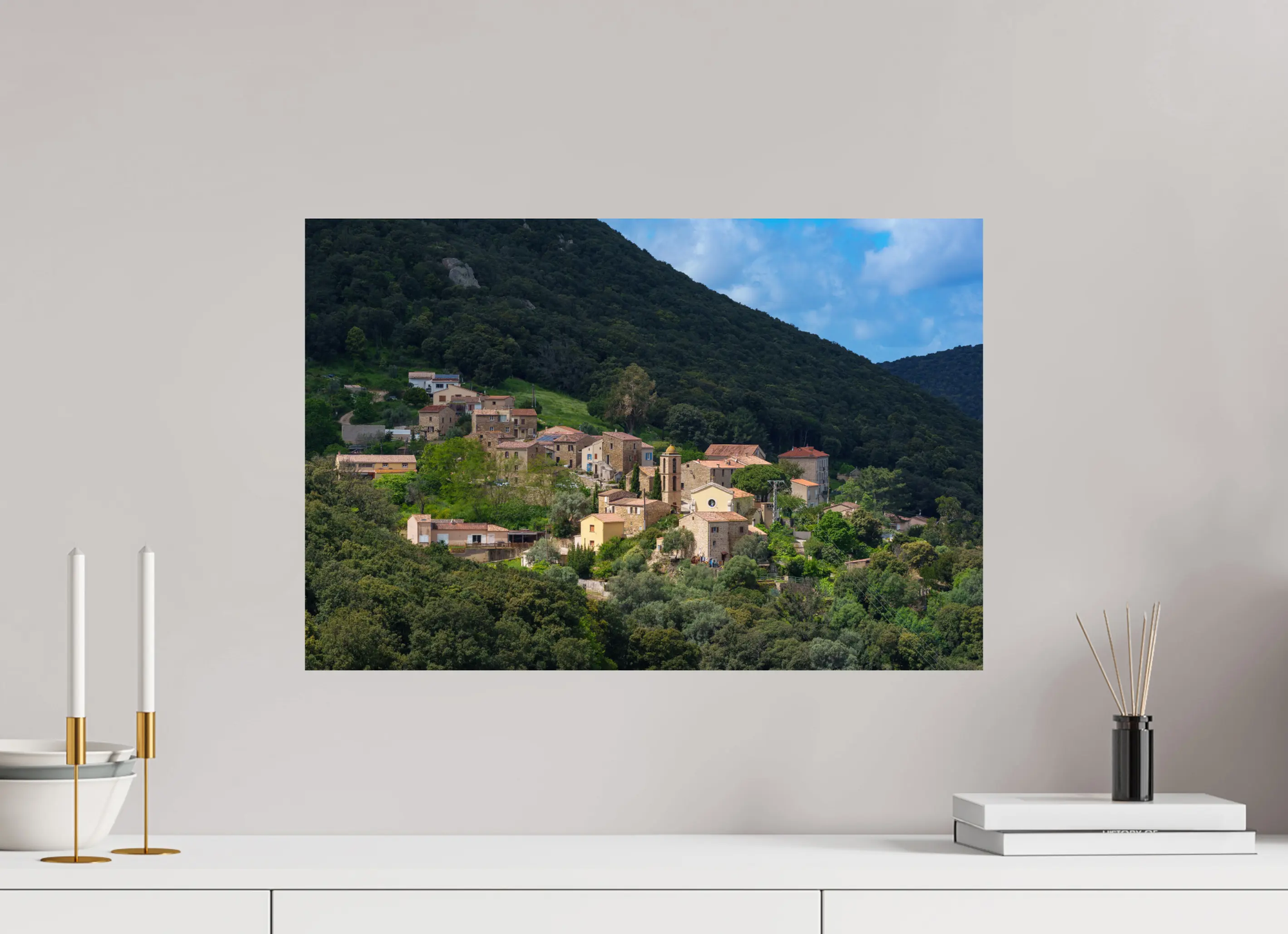 Photo d’Art de Villanova en Corse – Village de Montagne et Clocher en HD | Décoration Murale Authentique Ref.21 corsevision