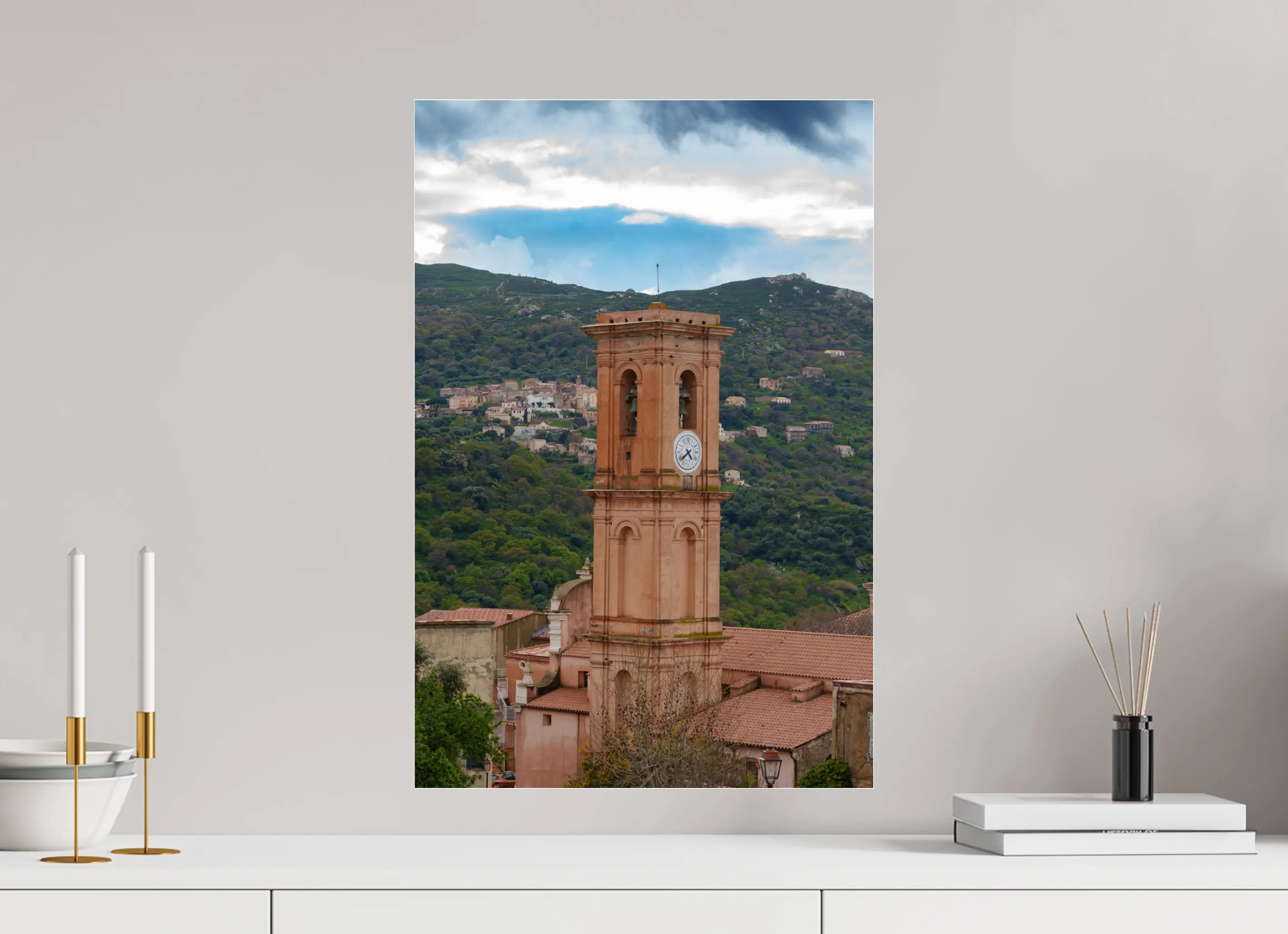 Photo d’Art du Clocher d’Aregno en Corse – Vue sur Cateri en HD | Décoration Murale Authentique Réf.17 corsevision